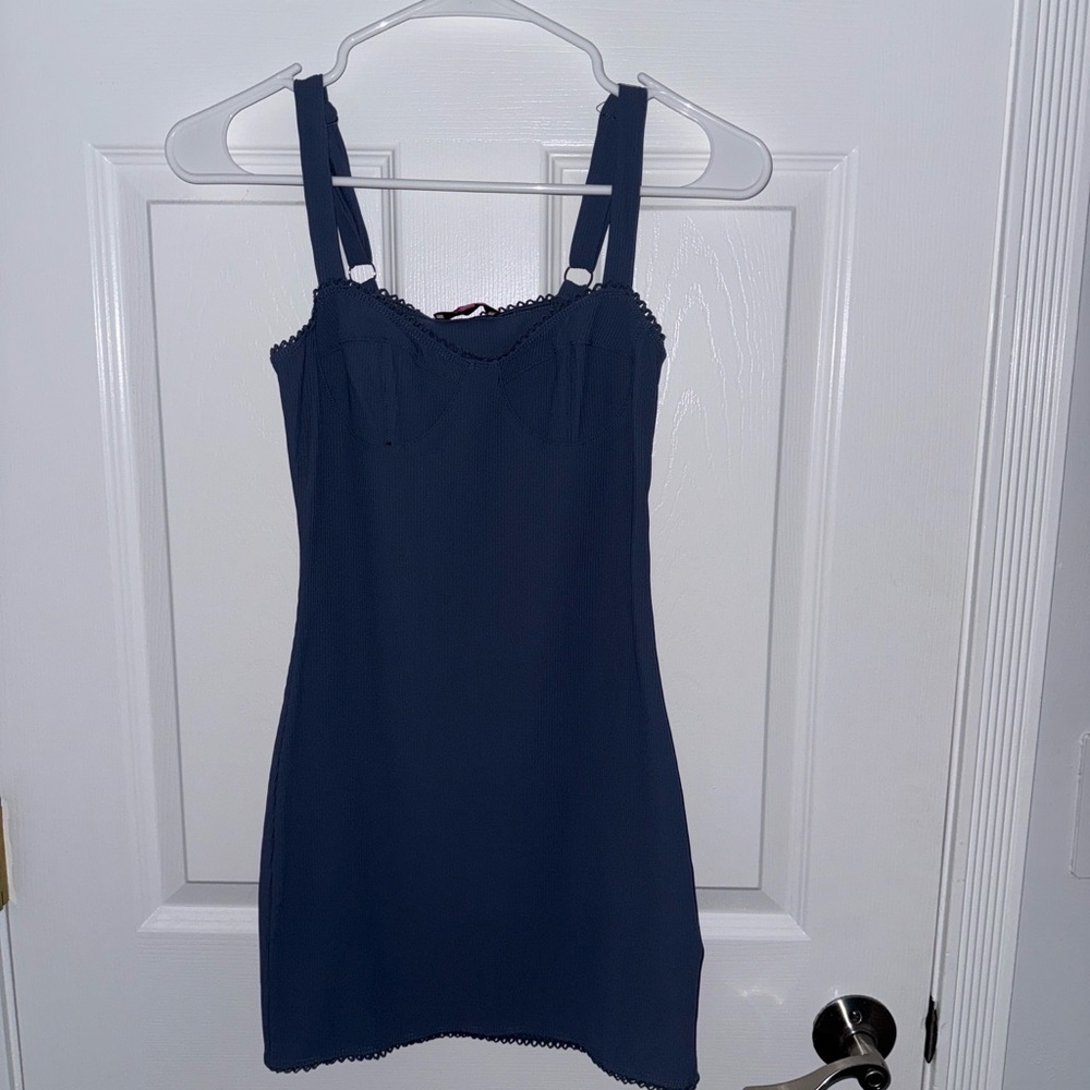 Edikted Slate Blue Ribbed Slip Dress with Crochet Trim